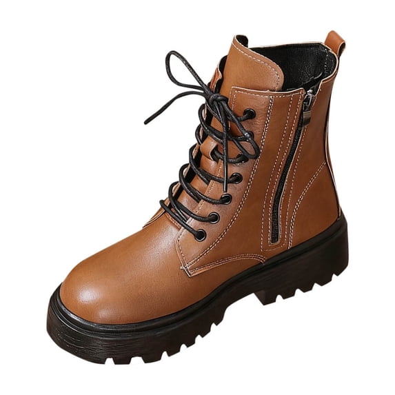 KEGIRLOM Women's Fashion Casual Winter Warm Ankle Boots Solid Color Round Toe Side Zipper Front Lace-Up Heel Low Heel Ankle Boots Brown 6.5