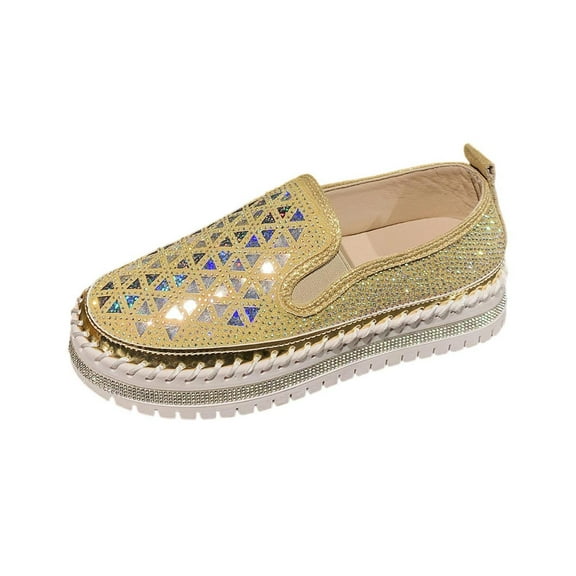 KEGIRLOM Women's Fashionable And Casual Four-Season Loafers Solid Color Rhinestone Round Toe Thick-Soled One-Foot Shoes Yellow Size 9