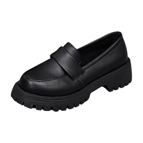 KEGIRLOM Women's Fashionable And Casual Four-Season Loafers Solid Color Round Toe Thick Heel Low Heel Thick Sole Shoes Black Size 5