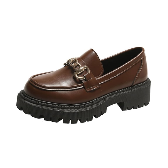 KEGIRLOM Women's Fashionable And Casual Four-Season Loafers Solid Color Round Toe Thick Heel Low Heel Thick Sole Shoes Brown Size 9