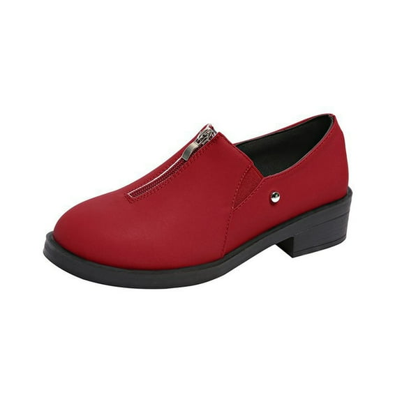 KEGIRLOM Women's Fashionable And Casual Four-Season Loafers Solid Color Zipper-Decorated Round-Toe Thick-Heeled Low-Heeled Shoes Red Size 6