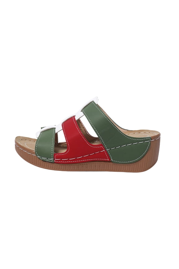 Women's Fashionable And Casual Stitched Wedge Heel Beach Thick-Soled Color-Block Hollow-Out Thick-Soled Sandals Green 6