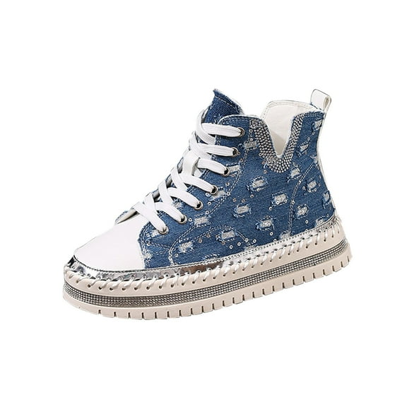 KEGIRLOM Women's Fashionable And Casual Style Versatile Lace-Up Rhinestone Thick-Soled Loafer Flat Shoes Blue Size 7.5