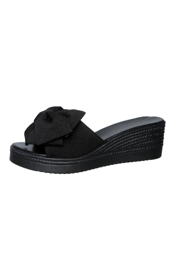 Women's Fashionable And Casual Summer Bow Thick-Soled Outdoor Wedge Sandals Black 9