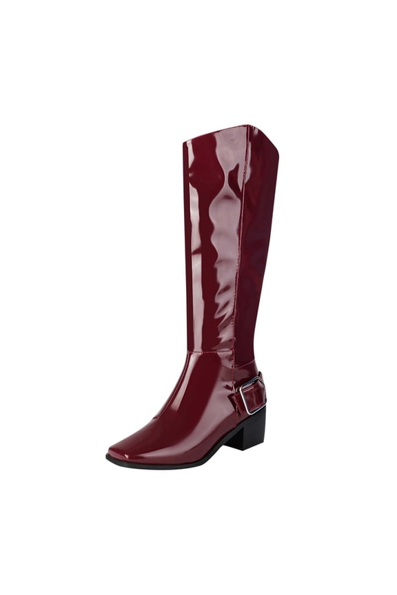 Women's Fashionable And Casual Versatile Cool Eye-Catching Fall And Winter Style Comfortable Thick Heel Patent Leather Boots Wine 7.5