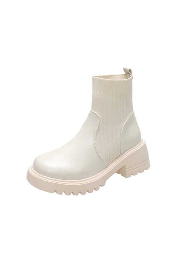 Women's Fashionable And Casual Winter Ankle Boots Solid Color Patchwork Round Toe Knit Elastic Cuff Heel Low Heel White 9