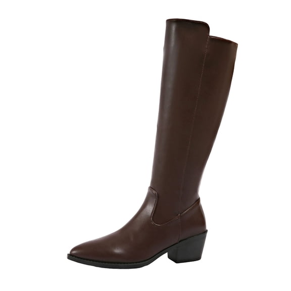 KEGIRLOM Women's Fashionable And Casual Winter Long Straight Boots Solid Color Pointed Toe Side Zipper Heel Low Heel Knee-High Boots Brown 5.5