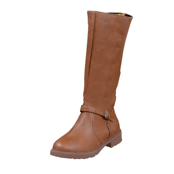 KEGIRLOM Women's Fashionable And Casual Winter Long Straight Boots Solid Color Round Toe Side Zipper Heel Low Heel Knee-High Boots Brown 9
