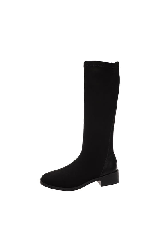 Women's Fashionable And Casual Winter Long Straight Boots Solid Color Splicing Round Toe Back Zipper Heel Low Heel Knee-High Boots Black 8.5