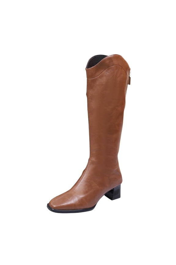 Women's Fashionable And Casual Winter Long Straight Boots Solid Color Toe Back Zipper Heel Low Heel Knee-High Boots Brown 9