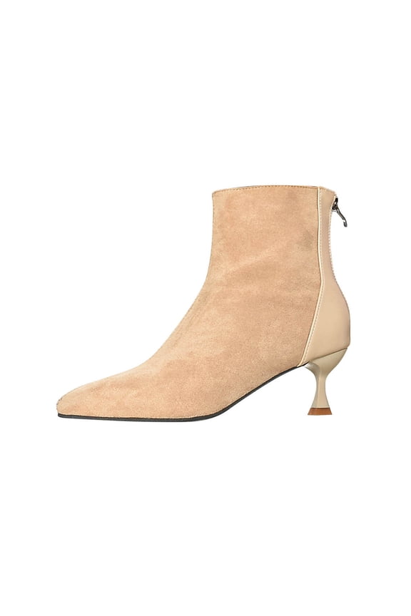 Women's Fashionable And Casual Winter Pointed Toe Solid Color Back Zipper Heel Low Heel Ankle Boots Beige 5.5