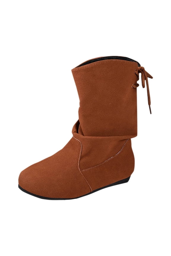 Women's Fashionable And Casual Winter Short-Tube Pleated Pile Boots Solid Color Round Toe Lace-Up Flat Ankle Boots Brown 6