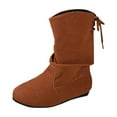 thumbnail image 1 of KEGIRLOM Women's Fashionable And Casual Winter Short-Tube Pleated Pile Boots Solid Color Round Toe Lace-Up Flat Ankle Boots Brown 7, 1 of 9