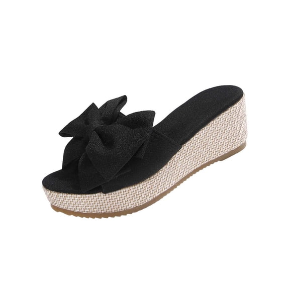 KEGIRLOM Women's Fashionable Casual Beach Outerwear Versatile Solid Color Bow Round Toe Wedge Sandals Black 8.5