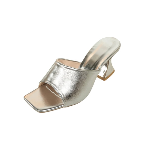 KEGIRLOM Women's Fashionable Casual Beach Outerwear Versatile Solid Color Open Toe Unusual Heels High-Heeled Slippers Silver 6