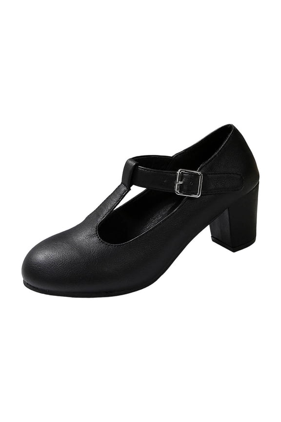 Women's Fashionable Casual Comfortable Plus Size Mary Shoes Solid Color Round Toe Buckle Heel Heel T-Strap High Heels Black Size 7.5