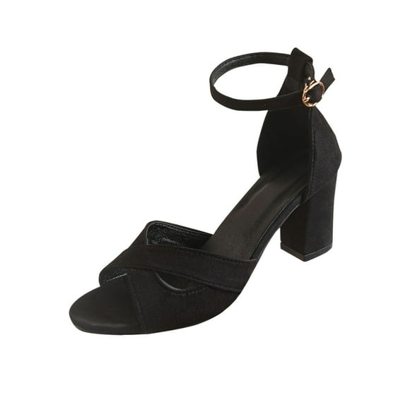 KEGIRLOM Women's Fashionable Casual Comfortable Plus Size Solid Color Peep-Toe Open-Toe Strap Heel High-Heeled Sandals Black 5.5