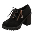thumbnail image 1 of KEGIRLOM Women's Fashionable Casual Lace Up Side Zipper Thick Heel Short Tube Round Head Plus Large High-Heeled Boots Black Size 9, 1 of 7