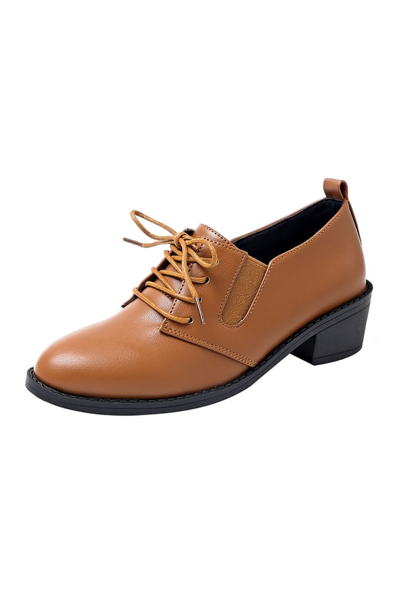 Women's Fashionable Casual Loafers All-Season Leather Shoes Solid Color Round Toe Lace-Up Low-Cut Heel Mid-Heel Flats Brown 7