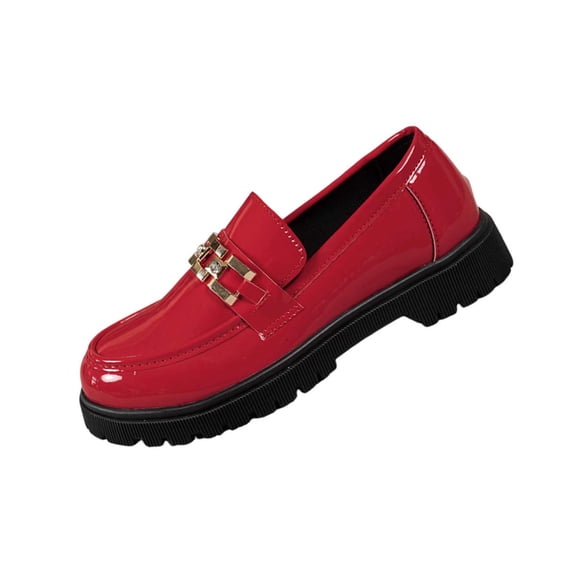 KEGIRLOM Women's Fashionable Casual Loafers Versatile British Style Plus Size Metal Buckle Round Toe Closed Toe Low Heel Shoes Red 5.5