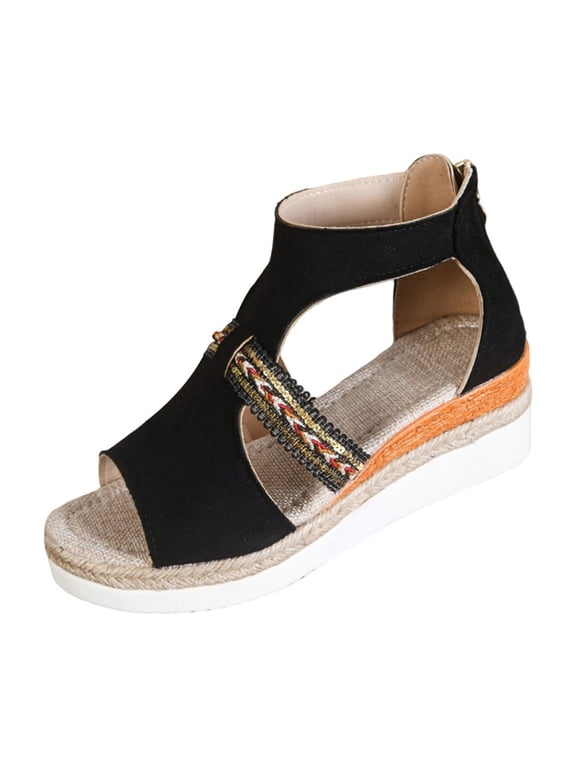Women's Fashionable Casual Outerwear Versatile Plus Size Bohemian Ethnic Style Peep Toe Open-Toe Back Zip Wedge Sandals Black 6.5