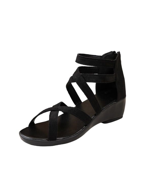 Women's Fashionable Casual Outerwear Versatile Plus Size Open Toe High-Top Back Zip Wedge Sandals Black 9