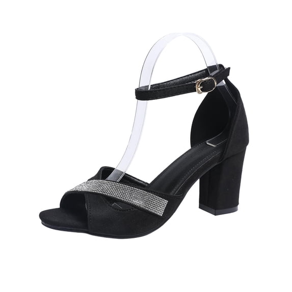 KEGIRLOM Women's Fashionable Casual Outerwear Versatile Plus Size Solid Color Rhinestones Round Toe High Heel Buckle Sandals Black 7.5