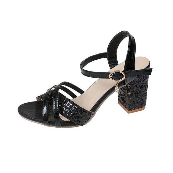 KEGIRLOM Women's Fashionable Casual Outerwear Versatile Plus Size Solid Color Sequins Round Toe Open Toe High Heels Buckle Sandals Black 8.5