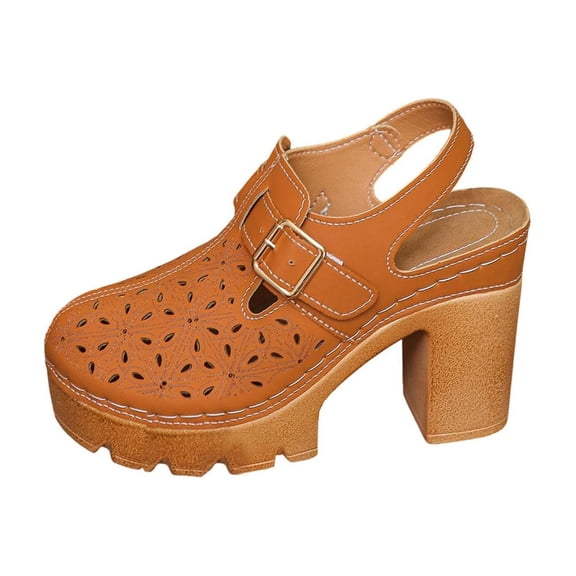 KEGIRLOM Women's Fashionable Casual Spring And Summer Solid Color Closed-Toe High Heels Heel Sandals Brown 9