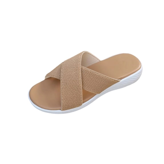 KEGIRLOM Women's Fashionable Casual Spring And Summer Comfortable Outerwear Plus Size Versatile Solid Color Breathable Mesh Round Toe Open Toe Flat Slippers Khaki Size 6.5