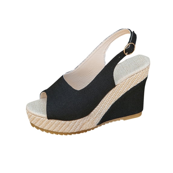 KEGIRLOM Women's Fashionable Casual Spring And Summer Versatile Plus Size Beach Wedge Sandals Solid Color Peep Toe Open Toe One-Strap Buckle Sandals Black 8.5