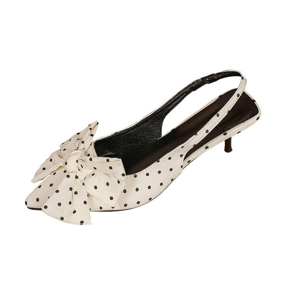 KEGIRLOM Women's Fashionable Casual Spring And Summer Versatile Polka Dots Plus Size High-Heeled Sandals Bow Pointed Toe Heel Low Heel Shoes White 5.5