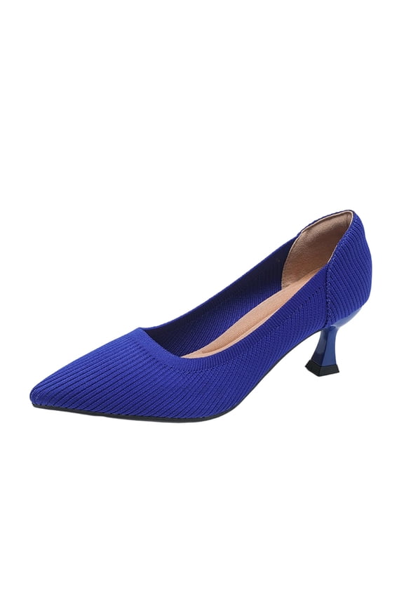 Women's Fashionable Casual Style Can Be Worn In All Seasons Solid Color Straight Grain Knitted Pointed Toe Shallow Mouth High Heels Blue Size 6