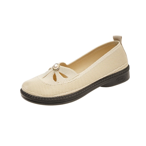 KEGIRLOM Women's Fashionable Casual Style Fly Mesh Breathable Solid Color Round Toe One-Foot Flat Shallow Mouth Shoes Beige Size 7