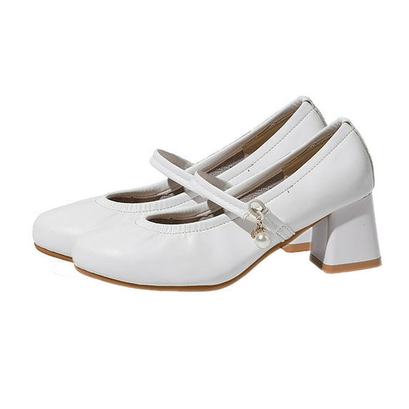 KEGIRLOM Women's Fashionable Casual Trendy Versatile Solid Color Round Toe Comfortable Low-Cut Buckle Heel High Heels Shoes White Size 7