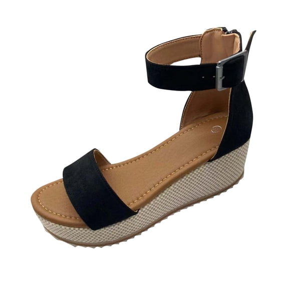 KEGIRLOM Women's Fashionable Casual Versatile Buckle Solid Color Wedge Heel Thick Sole Fashionable Summer And Fall Trendy Sandals Black 7
