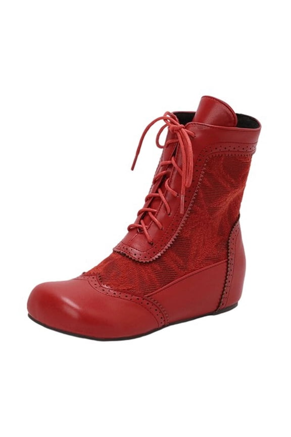Women's Fashionable Casual Versatile Cool And Stylish Winter Round Toe Lace-Up Fashion Flat Ankle Boots Red 5.5