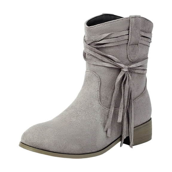 KEGIRLOM Women's Fashionable Casual Versatile Cool Winter Tassel Sleeve Boots Short Boots Thick Heel Ankle Boots Gray Size 5.5