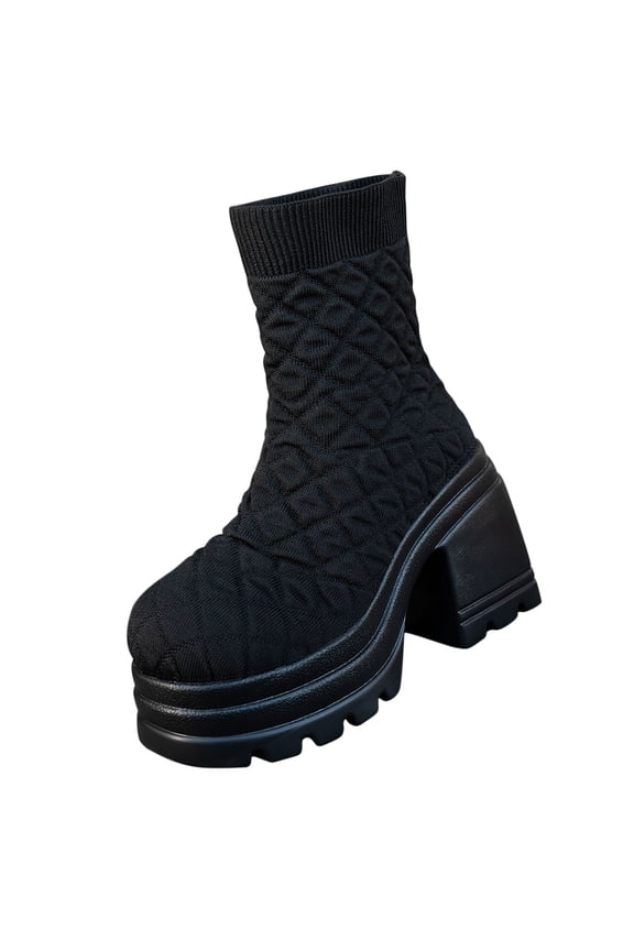 Women's Fashionable Casual Versatile Flying Woven High-Top Elastic Socks Boots Thick Heel Thick Sole Short Boots Black 6