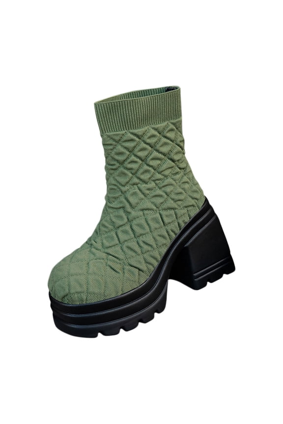 Women's Fashionable Casual Versatile Flying Woven High-Top Elastic Socks Boots Thick Heel Thick Sole Short Boots Green 5.5