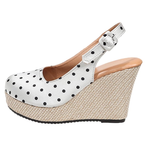 KEGIRLOM Women's Fashionable Casual Versatile Large-Size Comfortable Spring Summer Polka Closed-Toe Wedge Heel Buckle Sandals White 7