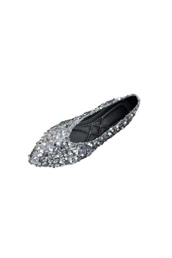 Women's Fashionable Casual Versatile Plus Size Breathable Loafers Solid Color Sequined Pointed Toe Closed Heel One-Foot Flat Soft Sole Shoes Silver 6