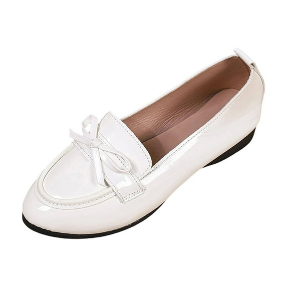 KEGIRLOM Women's Fashionable Casual Versatile Plus Size Loafers Solid Color Bow Round Toe Closed Toe Flat Soft Sole White 6