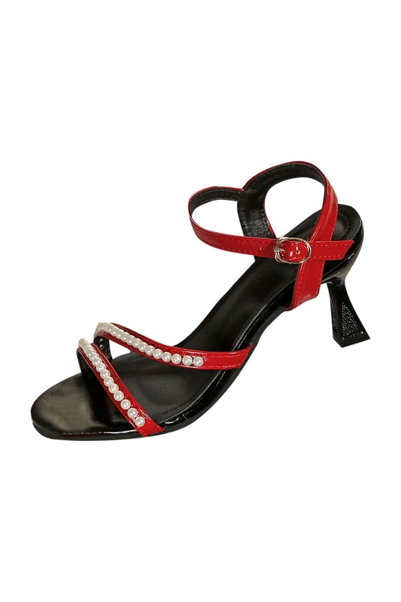 Women's Fashionable Casual Versatile Round Toe Rhinestone Open Toe Buckle Summer And Fall Style Comfortable High Heel Sandals Red Size 5.5