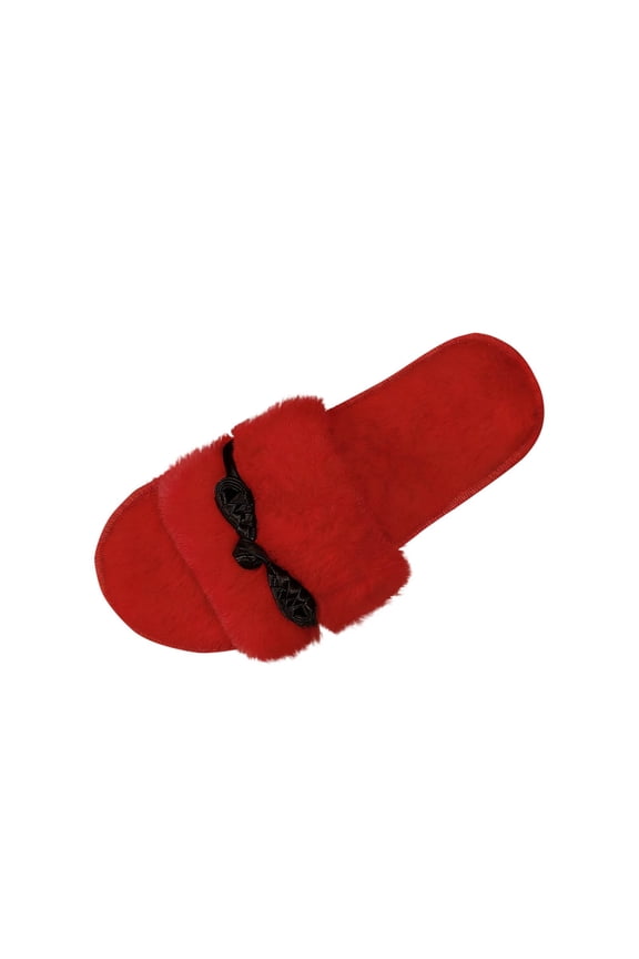 Women's Fashionable Casual Versatile Solid Color Comfortable Bowknot Indoor Wool Slippers Red Size 7.5-8.5