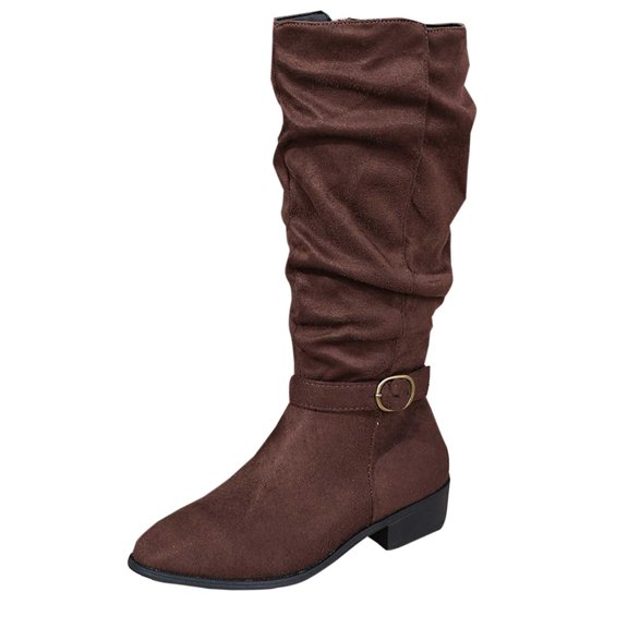 KEGIRLOM Women's Fashionable Casual Versatile Style Pointed Square Heel Pile Boots Solid Color Side Zipper High Top Leather Boots Brown 7