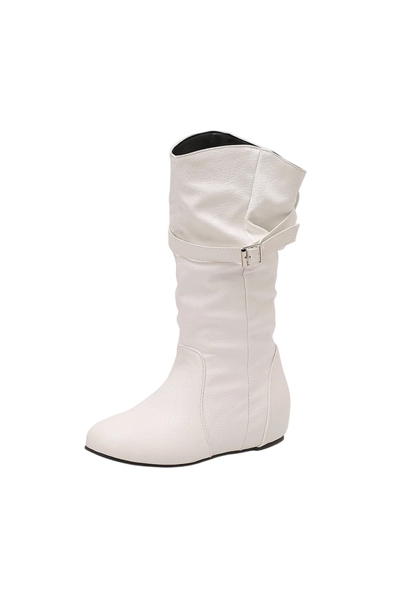 Women's Fashionable Casual Versatile Trendy And Stylish Winter Style Inner Height-Enhancing Belt Buckle Round Toe High Boots White 5.5