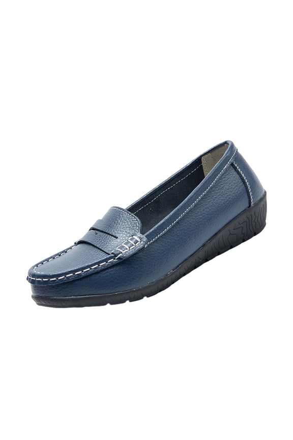 Women's Fashionable Casual Wear Versatile Plus-Size Loafers Round Toe Low-Heeled Flat Shoes Dark Blue 7.5