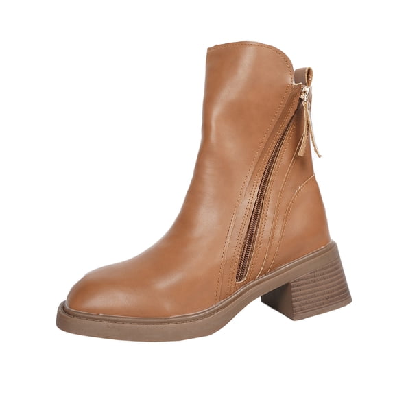 KEGIRLOM Women's Fashionable And Casual Winter British Style Short Boots Solid Color Round Toe Side Zipper Thick Sole Heel Low Heel Ankle Boots Brown 7.5