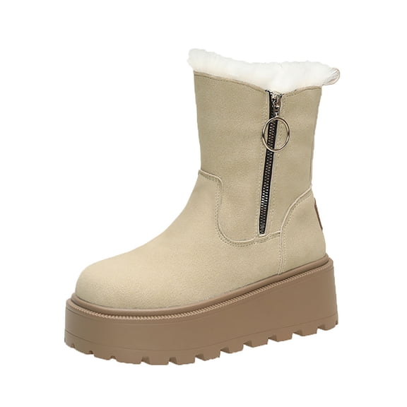 KEGIRLOM Women's Fashionable Casual Winter Comfortable Round Toe Thick Sole Thick Heel Fashionable And Comfortable Side Zipper Warm Short Boots Beige Size 5.5